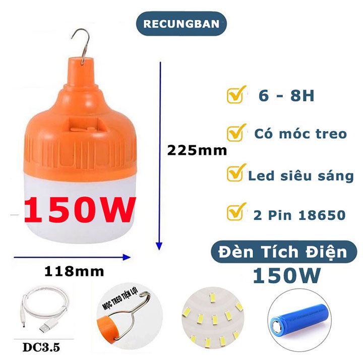 [ Siêu Sáng 150w ] Bóng đèn tích điện 150w, Bóng tích điện 150w ,có móc treo , Loại 1