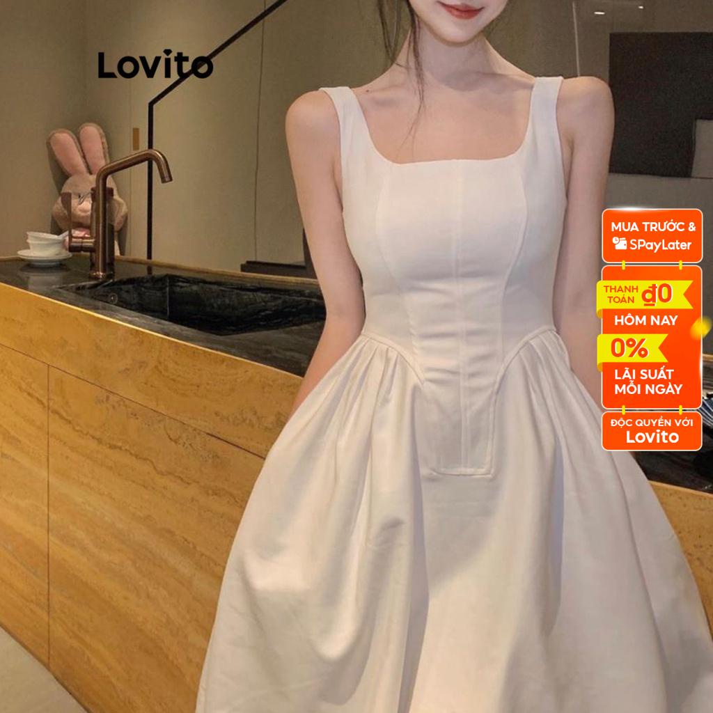 Đầm Lovito xếp ly màu trơn có túi màu trơn phong cách thường ngày cho nữ LNA07171 (trắng)