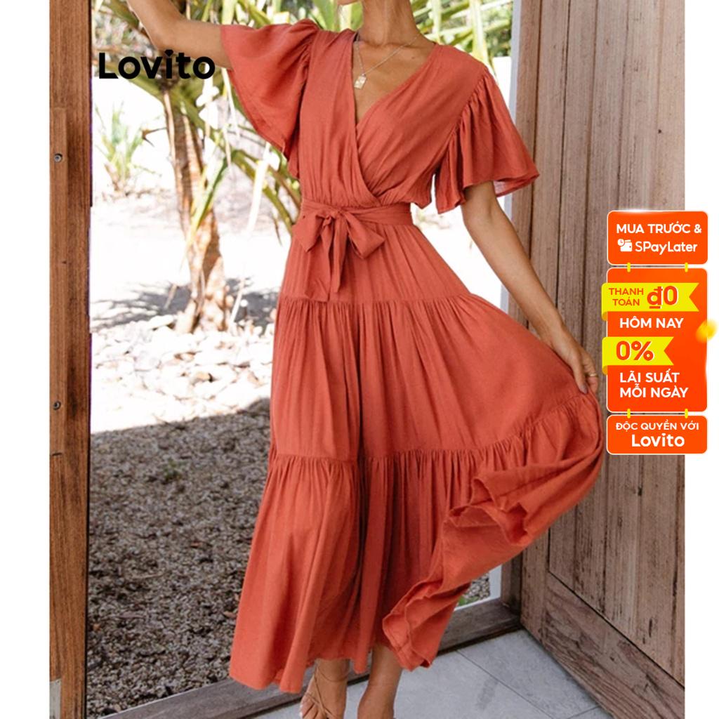 Đầm maxi Lovito tay ngắn cổ chữ V xếp nếp cột dây trước màu trơn Boho cho nữ LNE15159 (màu cam)