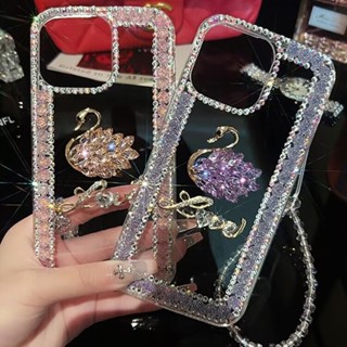 Ốp Điện Thoại Trong Suốt Cứng Kim Cương Sáng Bóng Thời Trang Cho IPhone 14 15 16 Pro Max IP 13 12 Pro Max Bling Kim Cương Giả Lấp Lánh Vỏ Ngọc Trai Với Dây Xích Tay Pha Lê