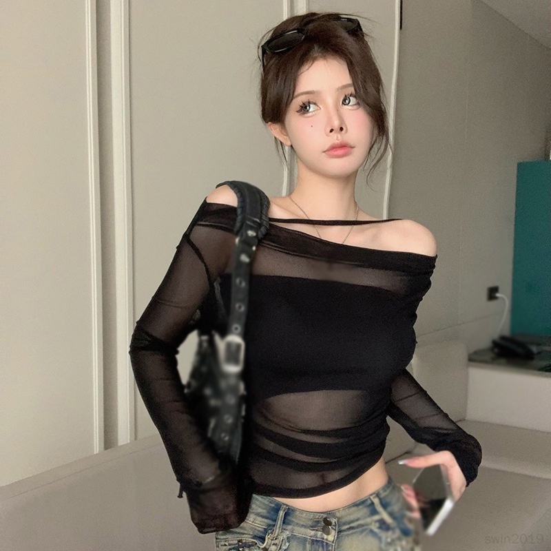 Áo Croptop Trễ Vai Tay Dài Thoáng Khí Màu Sắc Đơn Giản Kèm Áo Lưới Thời Trang Cho Nữ