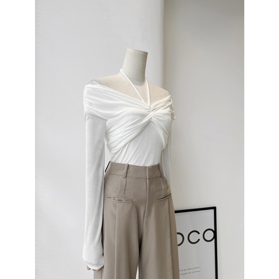 Áo thun ánh kim tay dài nhún ngực cột dây yếm 3 màu sang chảnh