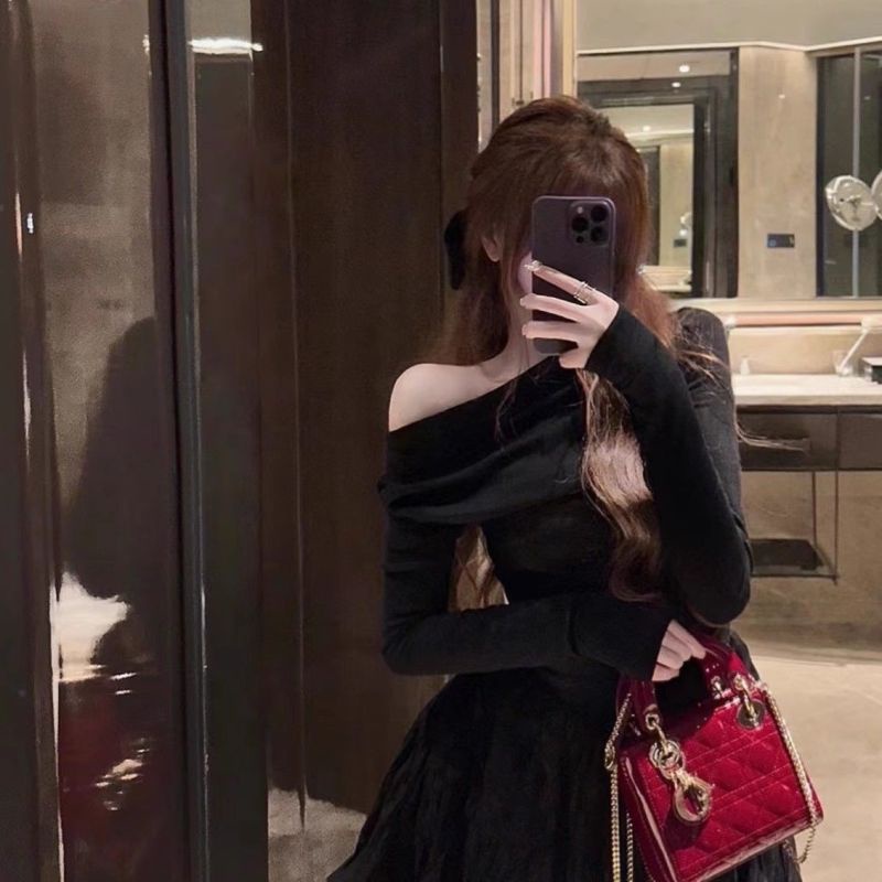 COZOK Đầm Tay Dài Hở Vai Dáng Chữ A Phong Cách Thời Trang Hàn Quốc