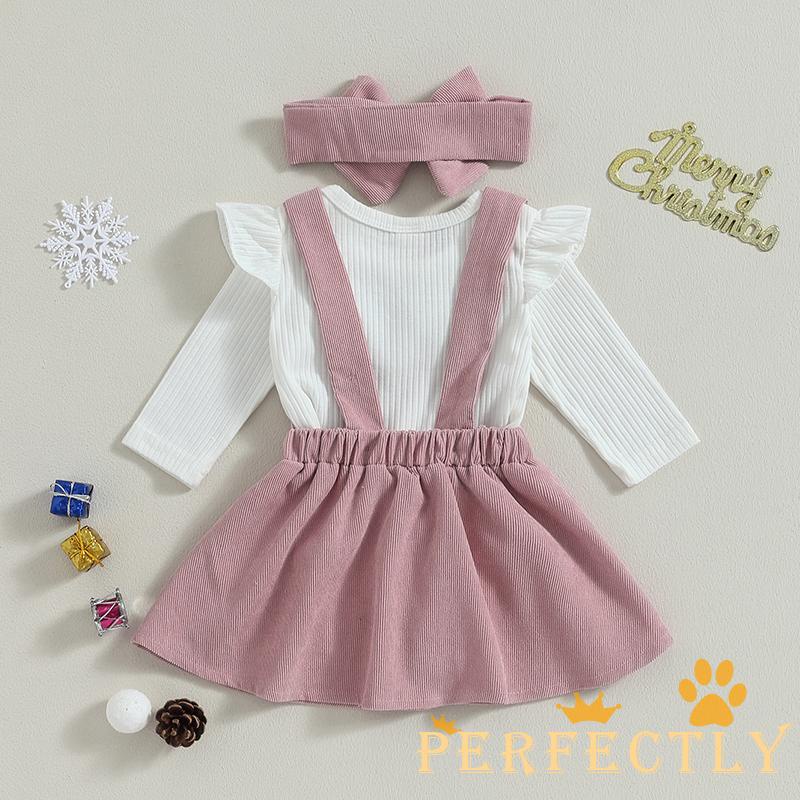 Set Áo Tay Dài + Váy Yếm + Băng Đô Hình Tuần Lộc Giáng Sinh Cho Bé Gái