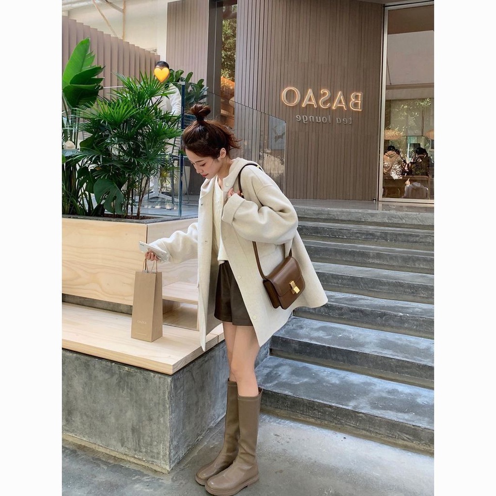 Áo Khoác Len Dày Dặn Dáng Rộng Phong Cách Hàn Quốc Thời Trang Thu Đông Cho Nữ