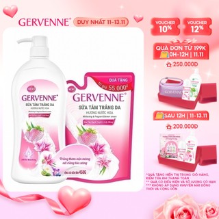 Sữa tắm trắng da Gervenne Dâu Tây Bạch Tuyết & Lily Hồng 1.2L + Túi sữa tắm 450gr
