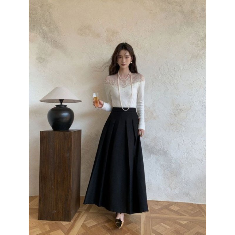 Áo Kiểu Tay Dài Trễ Vai Phối Ren Lưới Phong Cách Pháp