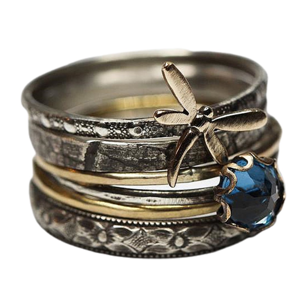 Xia| Nhẫn Đính Hôn Nhiều Lớp Hình Chuồn Chuồn Đính Đá Pha Lê Phong Cách vintage