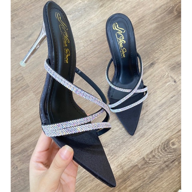 Guốc cao gót mũi nhọn đế cao 9 phân quai đính dây đá chéo VINA STORE mã H186