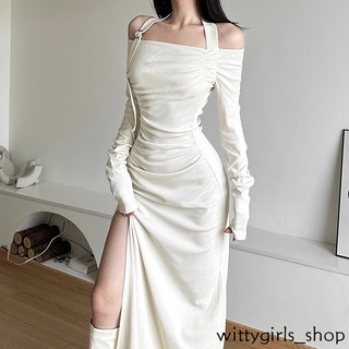 Wittygirls-đầm Dài Tay Xẻ Tà Tươi Mới Mùa Thu Cho Nữ