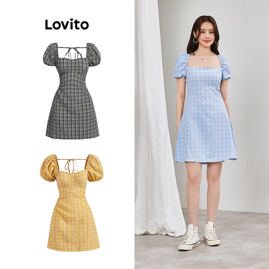 Đầm Lovito tay phồng cổ vuông phối dây buộc thời trang thường ngày cho nữ L55AD100 (Xanh dương)