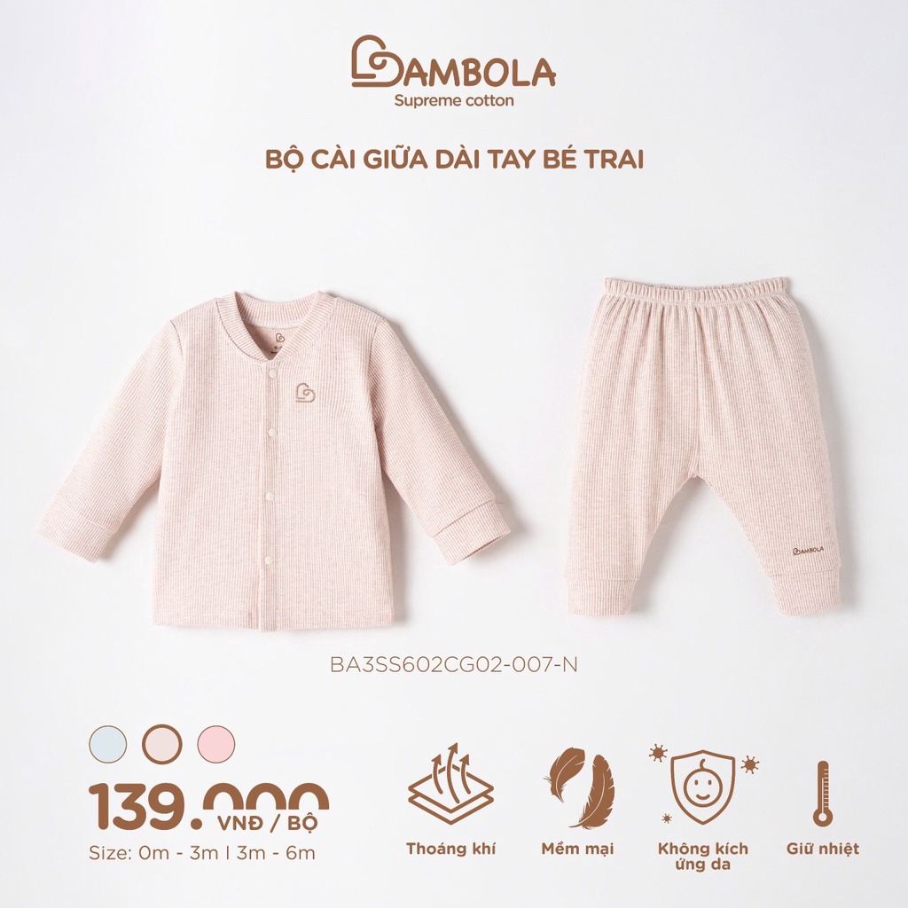 BAMBOLA Bộ áo quần dày tay BAMBOLA cài cúc chéo/ cúc giữa chất liệu cotton nu petit cao cấp cho bé yêu từ 0 - 6 tháng