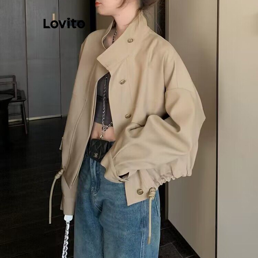 Lovito Áo khoác có túi dây rút trơn thông thường cho nữ LNE29411