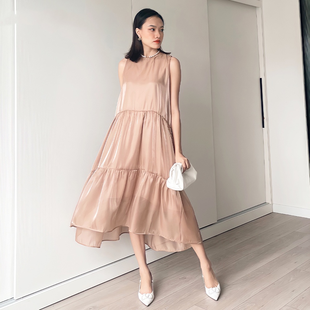 Đầm maxi Xenia váy đi biển xanh lá sang chảnh lụa organza cao cấp JOVEN, thiết kế tầng xòe suông dáng dài, đi biển