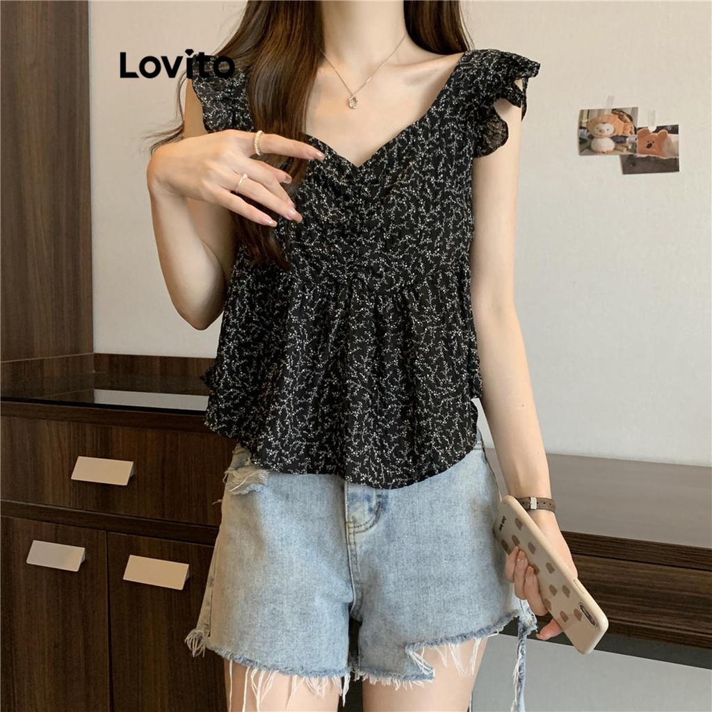 Lovito Áo xếp nếp trơn dễ thương cho nữ LNE38098