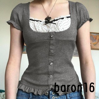 Nữ Đan Áo Sơ Mi Tay Ngắn Cổ Vuông Đan Nút Chấm In Đường Phố Cổ Xù Áo