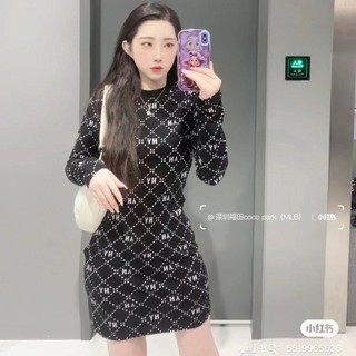 One Đầm cotton Dệt Kim mlb23 Tay Dài In Họa Tiết Kim Cương Thời Trang Thu Đông Cho Nữ