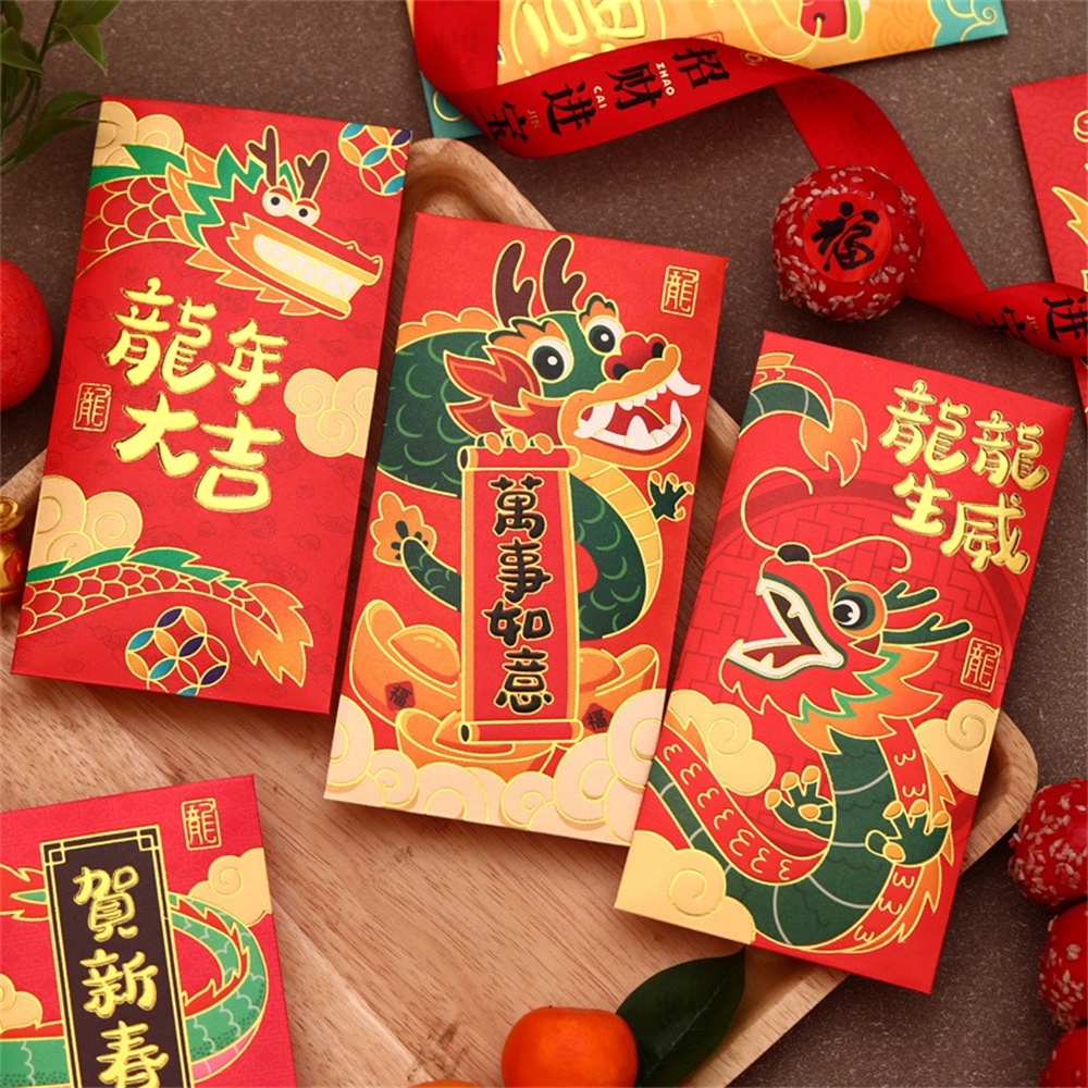 6 Cái/gói 2024 Cny Năm Rồng Dài Angpao Phim Hoạt Hình Phong Bì Màu Đỏ Sáng Tạo Gói Màu Đỏ Phong Bì Màu Đỏ Túi Quà Hongbao