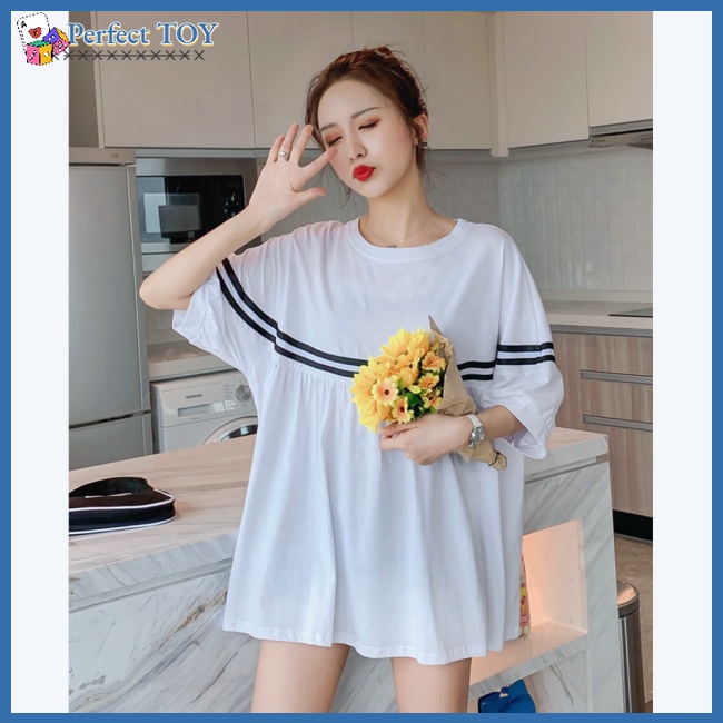 Sf Đầm Thun Ngắn Tay Dáng Rộng Họa Tiết Kẻ Sọc Màu Tương Phản Thời Trang Cho Mẹ Bầu
