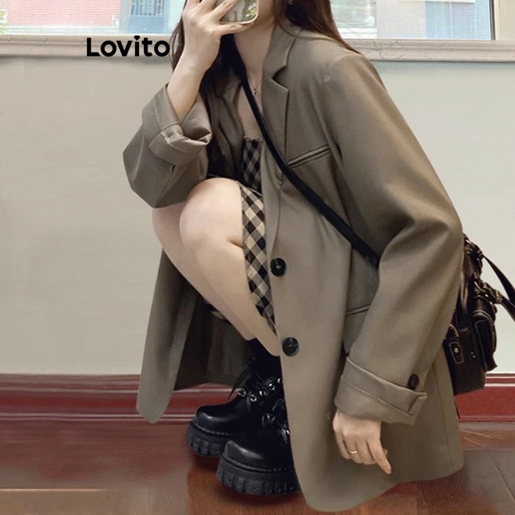 Áo blazer Lovito cài nút trước màu trơn thường ngày cho nữ LNE21208 (Màu nâu)