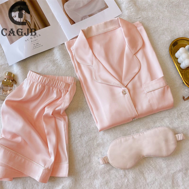 Bộ Đồ Ngủ Lụa Ngắn Tay + Quần short Mặc Nhà Mùa Hè Cho Nữ