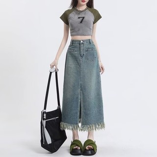 Chân váy jean bigsize Chân Váy Jean Chữ a Lưng Cao Xẻ Tà Phong Cách retro