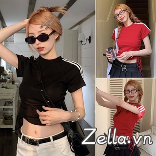 Phụ Nữ Crop Tops Sọc Tay Ngắn Cổ Tròn Bên Dây Rút Áo Thun Thường Ngày Mùa Hè Slim Fit Áo Sơ Mi Dạo Phố