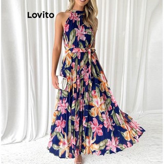 Đầm Lovito xếp ly có dây thắt lưng họa tiết hoa phong cách thanh lịch cho nữ LNL43164