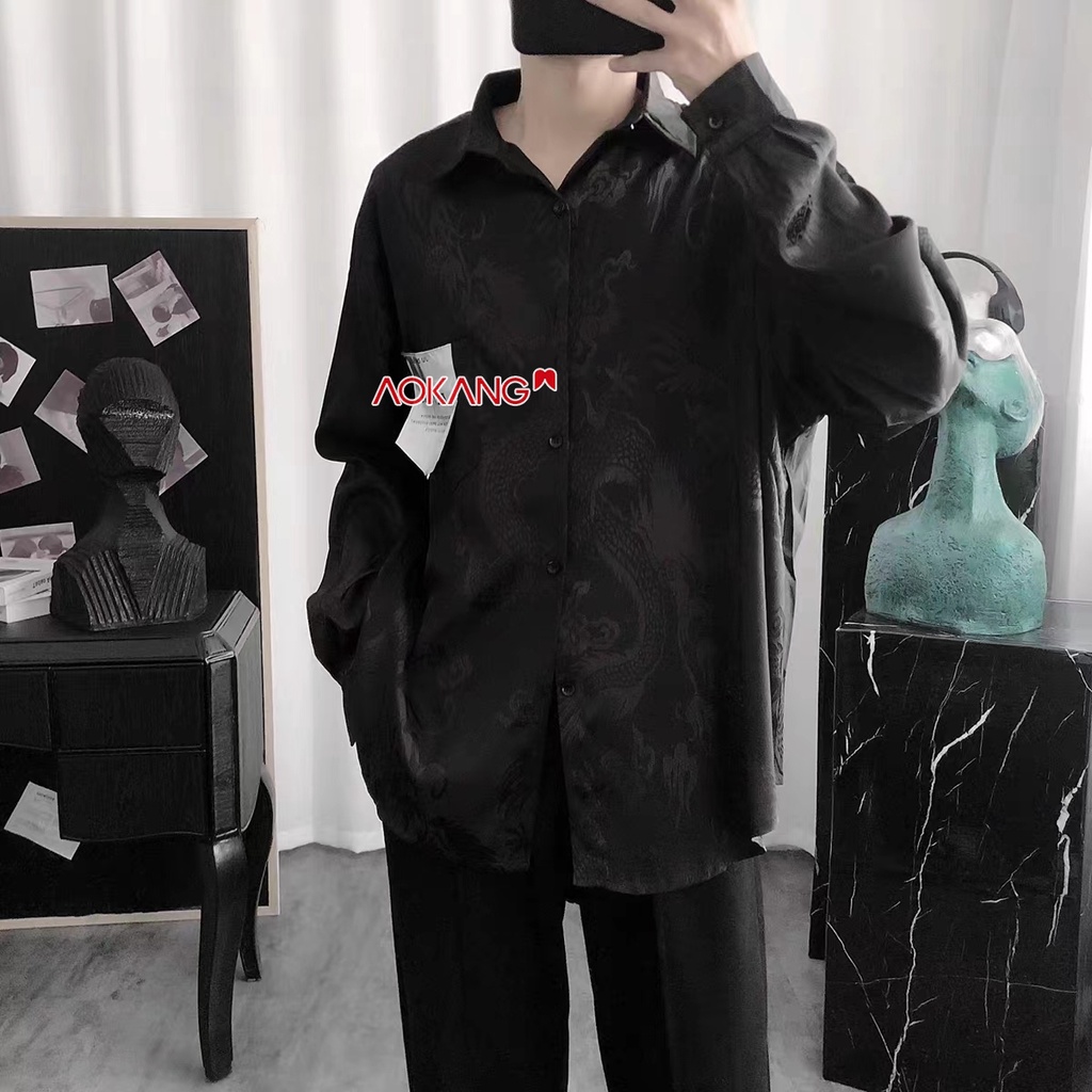 Áo Sơ Mi Nam Dài Tay Thêu Hình Rồng Phong Cách retro