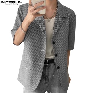 Incerun Áo Blazer Nam Ngắn Tay Kẻ Caro |