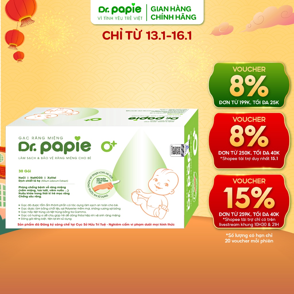 Gạc Rơ Lưỡi Dr.Papie Tiêu Chuẩn 5SAO, Làm Sạch Răng, Lưỡi, Nướu và Khoang Miệng Cho Bé - 30Gói/Hộp