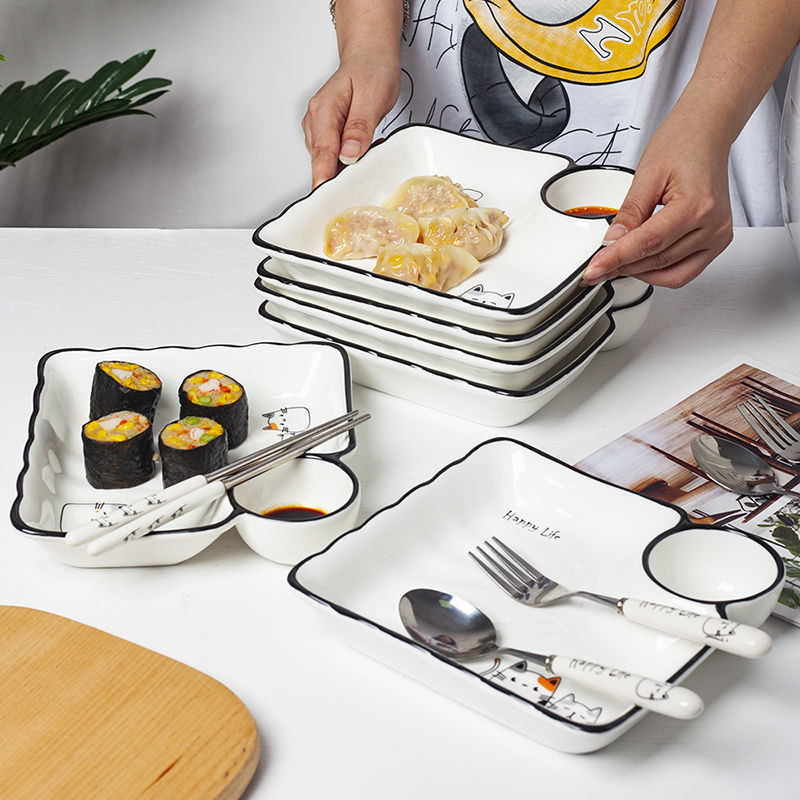 Ceramic dumpling plate with vinegar plate Household Internet celebrity square plate Sushi plate New 