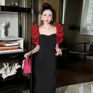 Mới Đầm Cổ Vuông Phối Màu Tương Phản Thời Trang Mùa Hè Xinh Xắn Cho Nữ