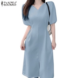Zanzea Đầm Tay Ngắn Cổ Chữ v Màu Trơn Thời Trang Hàn Quốc Dành Cho Nữ