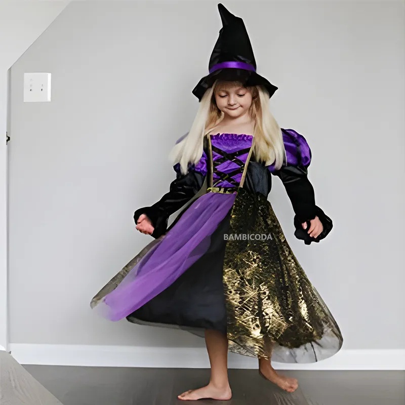 Đầm Hóa Trang halloween Nhân Vật Phù Thủy Cho Bé Gái 3-10 Tuổi
