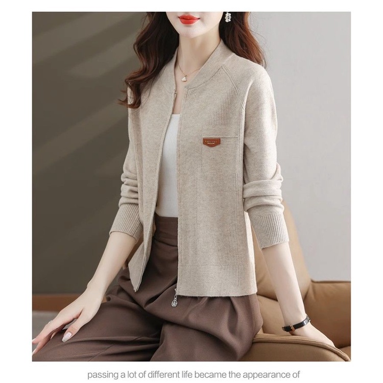 Áo Khoác cardigan Dệt Kim Tay Dài Cổ Đứng Có Khóa Kéo Phong Cách Phương Tây Cho Nữ