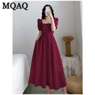 MQAQ Đầm Trắng Dài Qua Gối Tay Phồng Cổ Vuông Thời Trang Mùa Hè Cho Nữ