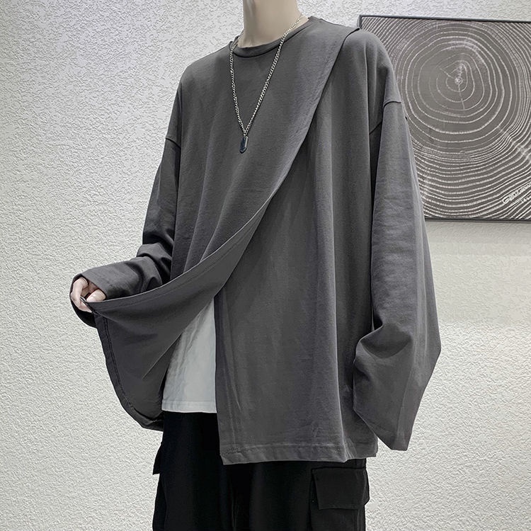 Áo Thun Tay Dài Dáng Rộng Xẻ Tà Kiểu Hồng Kông Cá Tính Cho Nam