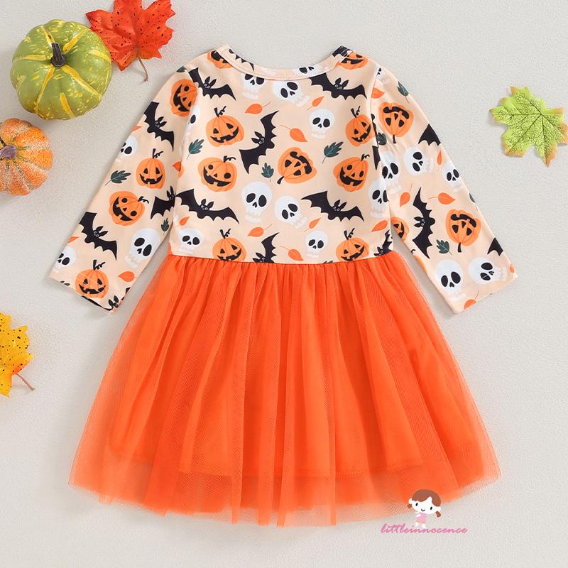 Đầm Xòe Tay Dài In Hình Quả Bí Ngô / Dơi / Đầu Lâu Phối Lưới Đính Nơ Thời Trang halloween Cho Bé Gái