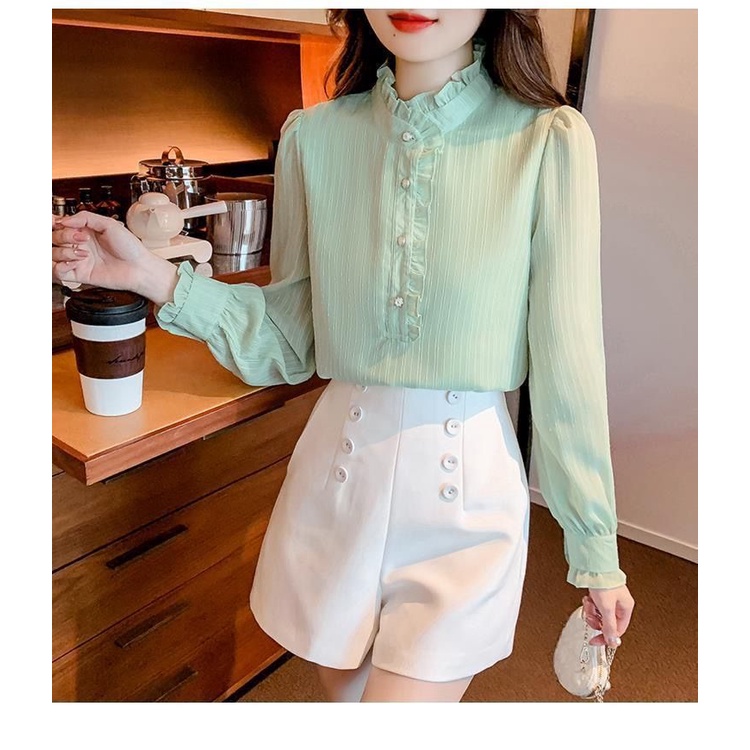 Áo Sơ Mi chiffon Phối Ren Cổ Đứng Tay Dài Phong Cách Pháp Thời Trang Mùa Xuân 2023