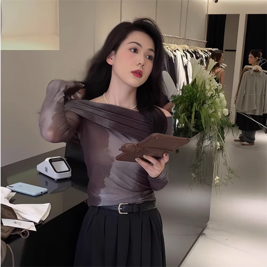 Áo chiffon Trễ Vai Dài Tay Nhuộm Màu Thời Trang Nữ Tính