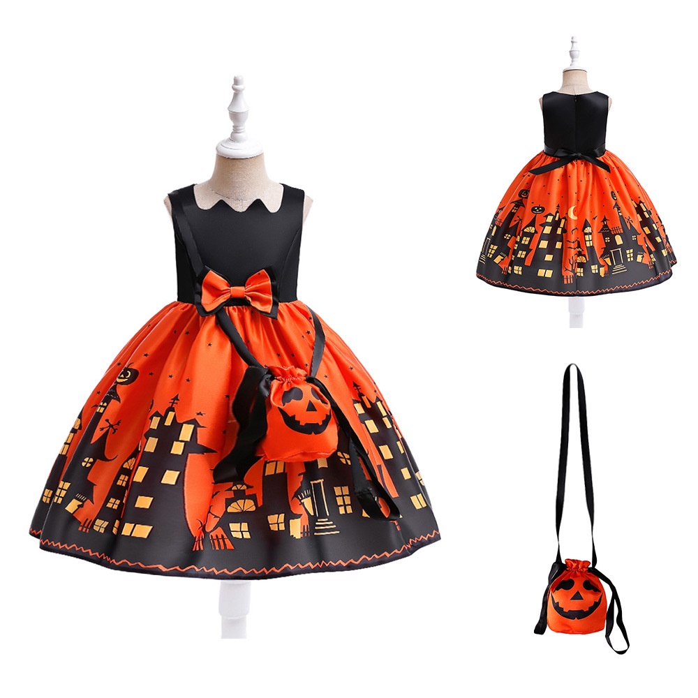 Đầm Hóa Trang halloween Nhân Vật Phù Thủy Bí Ngô Cho Bé Gái Mới