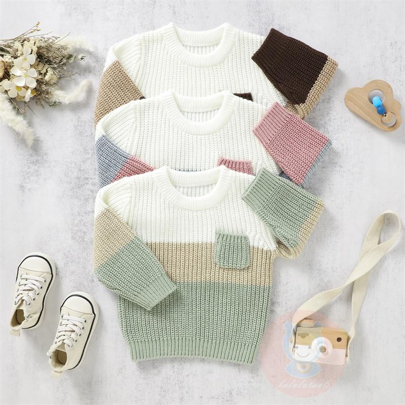 Laa6-áo sweater Dệt Kim Tay Dài Cổ Thuyền Ấm Áp Màu Sắc Tương Phản Cho Bé