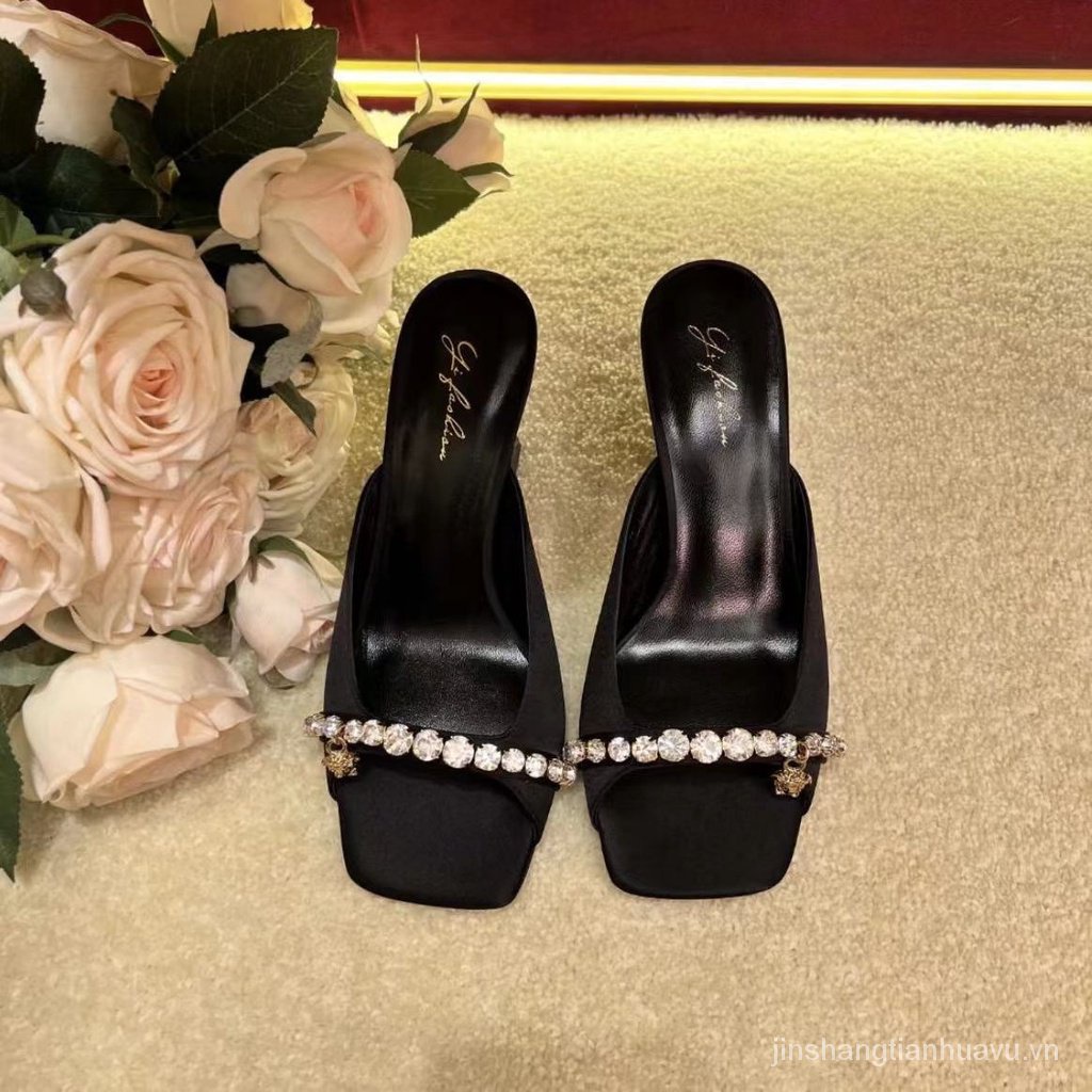 Giày Cao Gót Mũi Vuông Bằng Lụa satin Đính Đá Thời Trang Âu Mỹ 2023