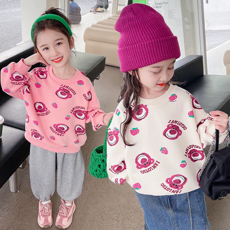 Mới Áo Sweater Tay Dài In Hình Gấu Và Dâu Tây Đáng Yêu Cho Bé Gái