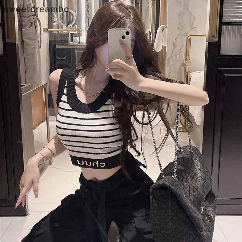 Áo Dệt Kim Sát Nách Cổ Tròn Họa Tiết Kẻ Sọc Màu Tương Phản Thời Trang Mùa Hè Cho Nữ