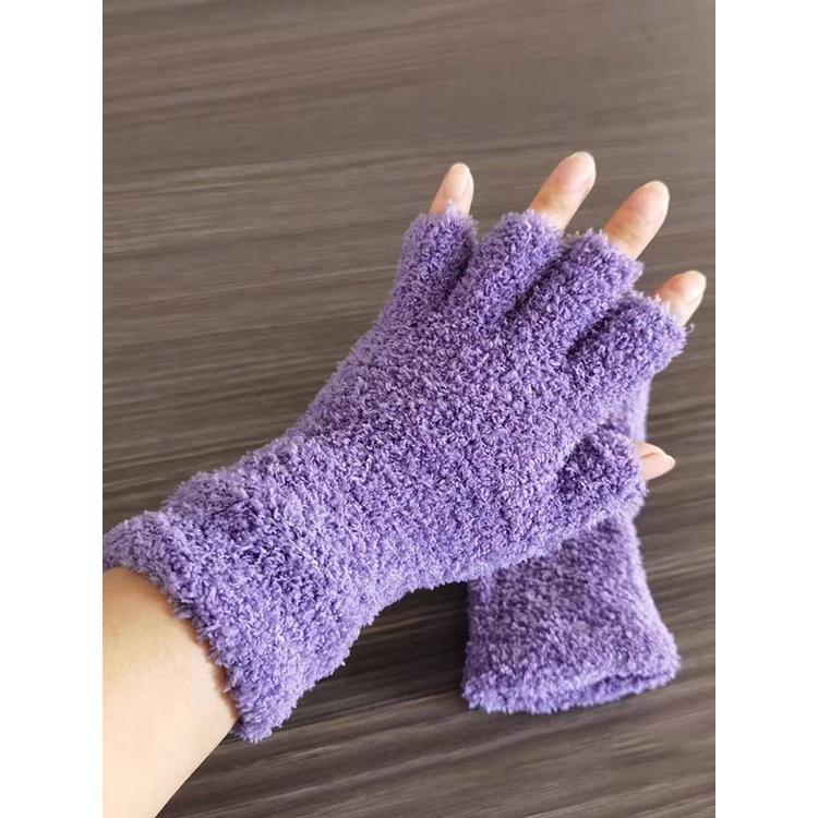 Găng Tay Hở Ngón Vải Lông Màu Trơn Giữ Ấm Mùa Đông