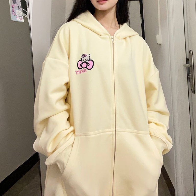 Zhu xia Áo Khoác sweatshirt Có Khóa Kéo Hai Màu Hình hello kitty Dễ Thương Cho Nữ