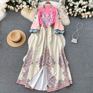 Đầm Dài Dáng Chữ a Tay Phồng Cổ Chữ v Xếp Ly Eo Cao In Họa Tiết Thổ Cẩm Cổ Điển Thời Trang Mùa Thu Cho Nữ
