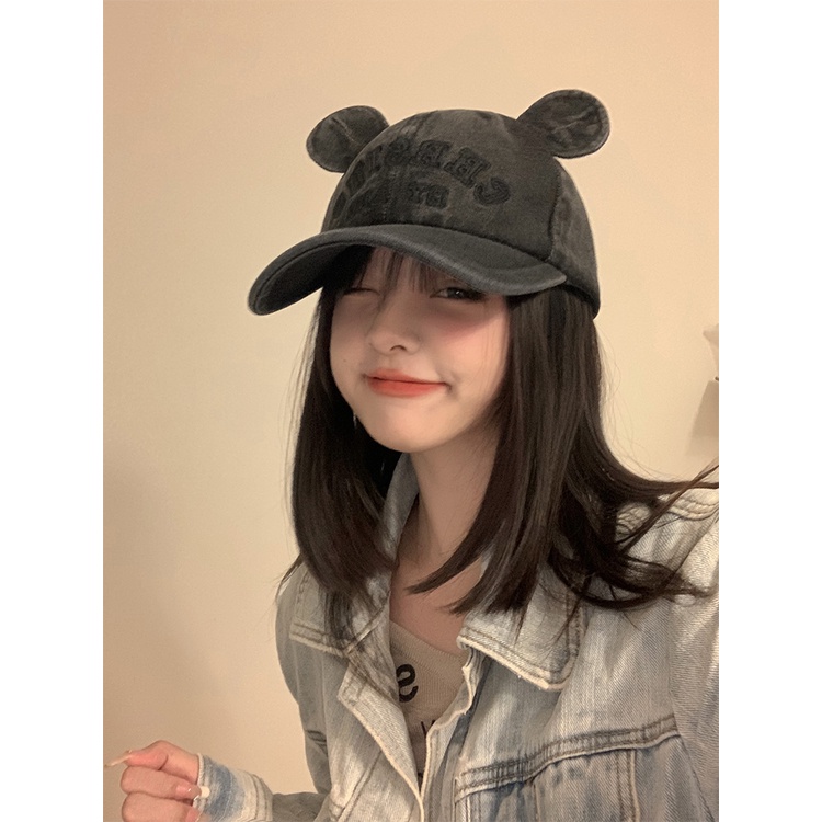 Mũ Lưỡi Trai denim Thêu Hình Tai Gấu Dễ Thương Phong Cách Hàn Quốc